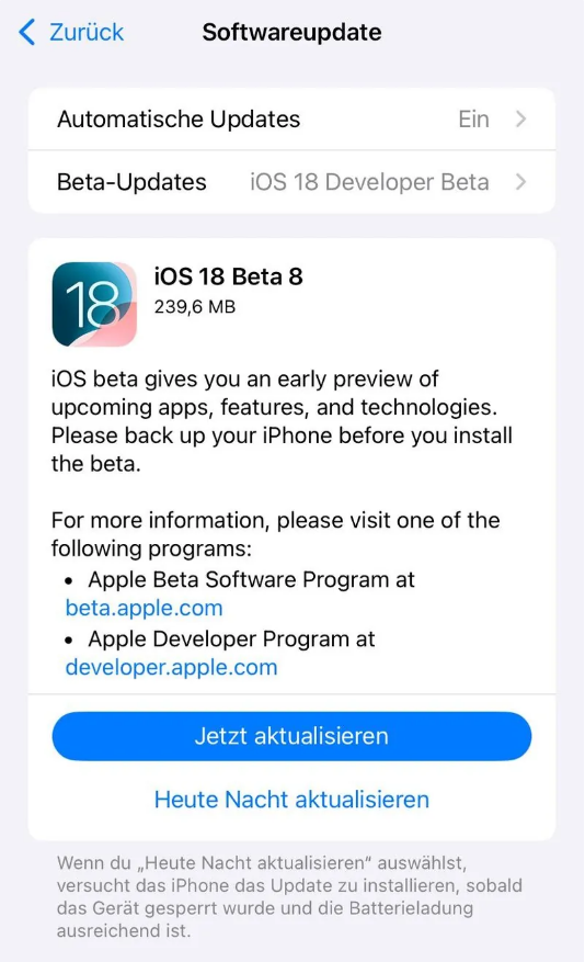 措美苹果手机维修分享苹果 iOS / iPadOS 18 开发者预览版 Beta 8 发布 